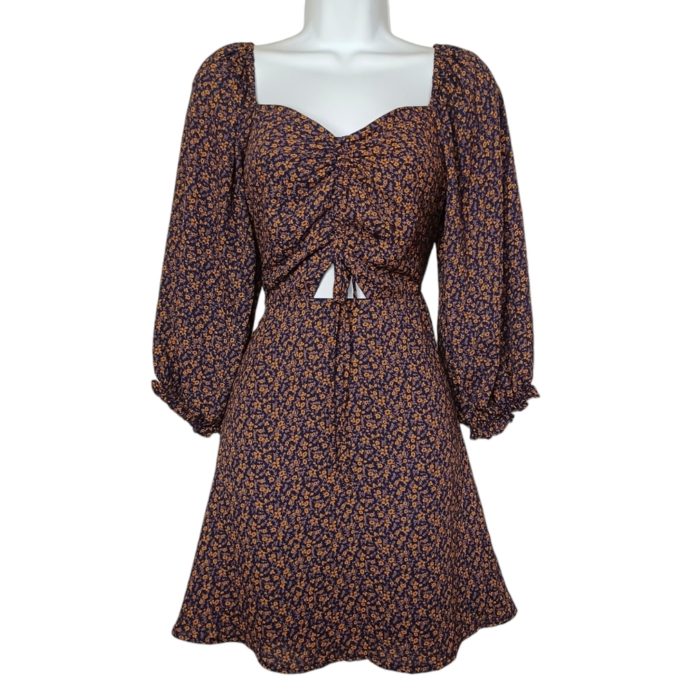 NEW LE LIS Orange Micro Floral Print Navy Blue Long Sleeve A-Line Dress Small